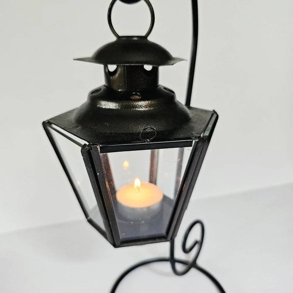 Vintage Indian Hanging Glass Lantern Black Metal Stand Gothic Witchy Home Decor